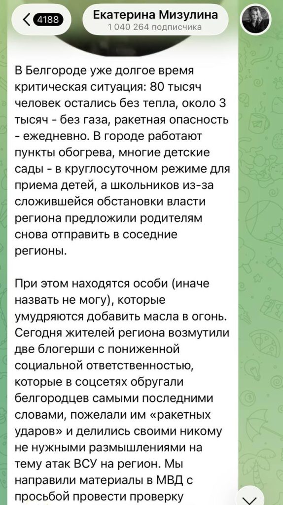 Екатерина Мизулина прокомментировала инцидент с оскорблением жителей Белгорода