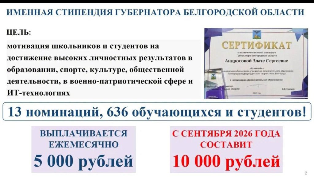 Муниципальные стипендии для одарённых детей в Белгородской области вырастут вдвое