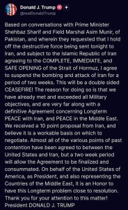 США и Иран договорились о двухнедельном перемирии